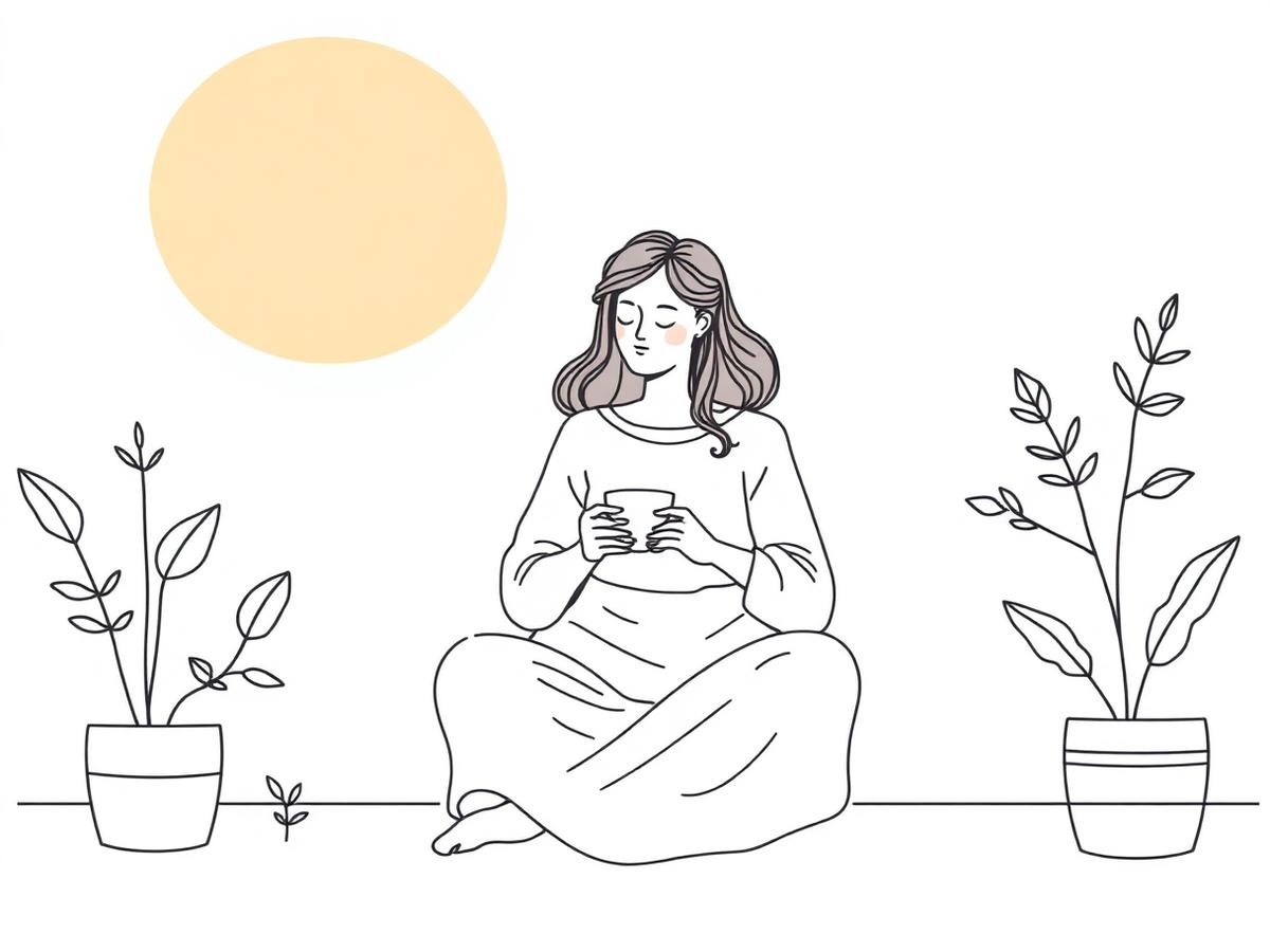 Illustration of a mother sitting calmly with a cup of tea